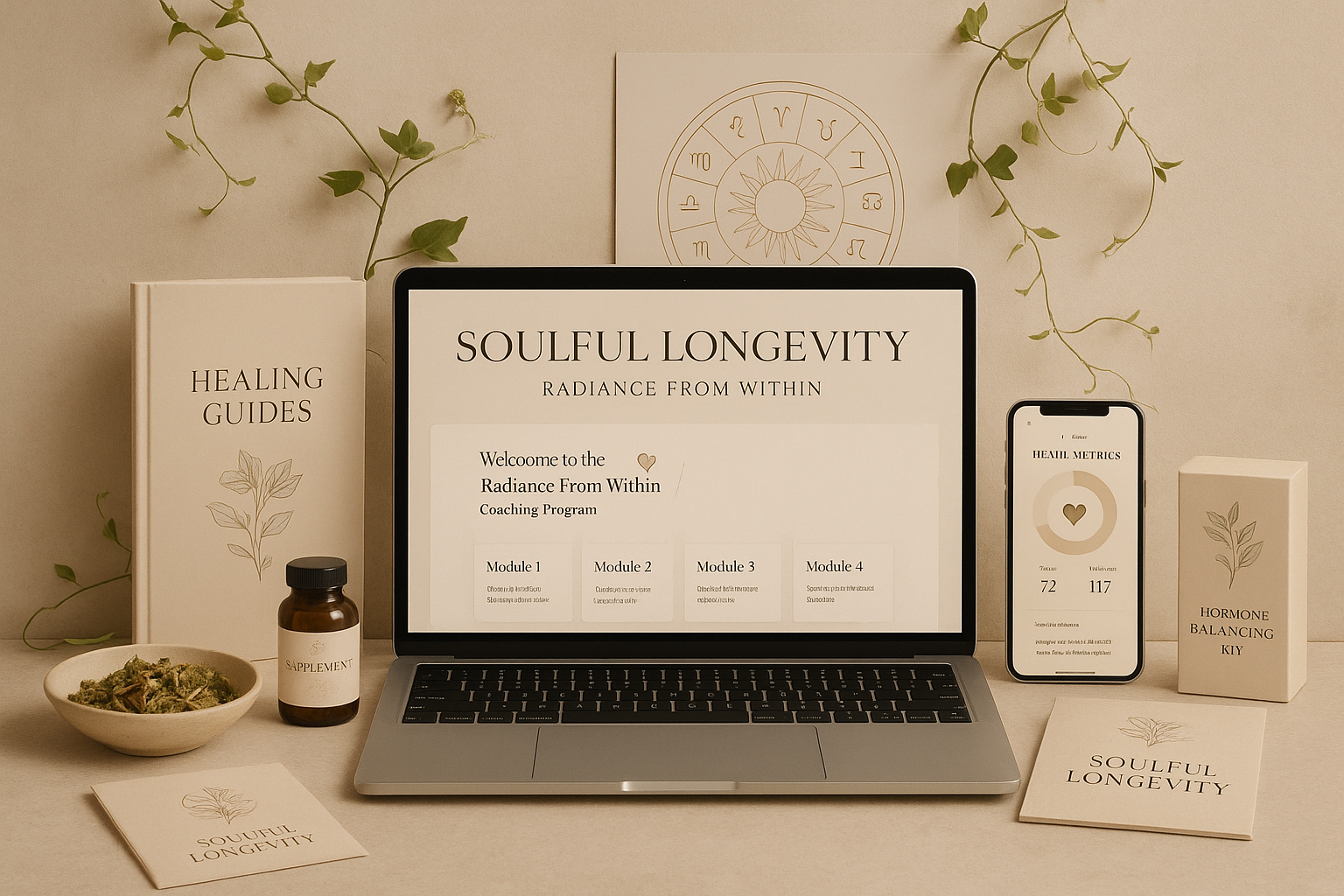 Soulful Longevity Program - Healing Guides, laptop displaying Radiance From Within program, health metrics tracker, supplements, and hormone balancing kit with botanical elements